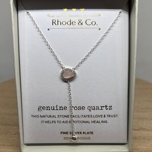 Genuine Rose Quartz Lariat Necklace - Silver Plate, Pink